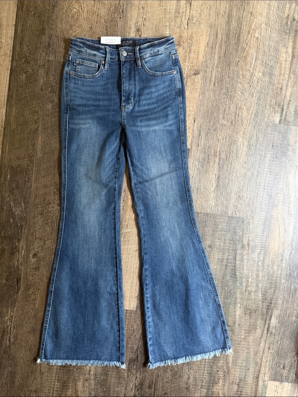 Judy Blue Medium Blue High-Rise Flare Jeans with Raw Hem 3/26 NWT